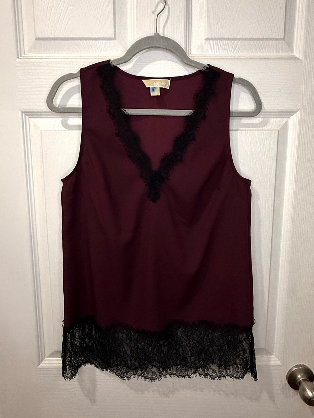 MICHAEL Michael Kors Sleeveless Lace-Trim V-Neck Tank in Wine and Black